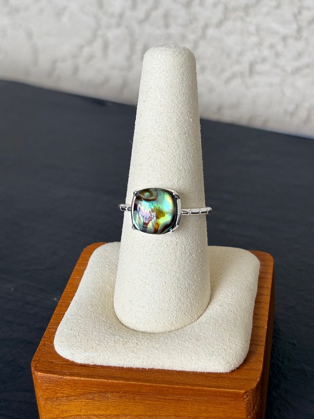Silver Tone Glass Faux Abalone Solitaire Ring